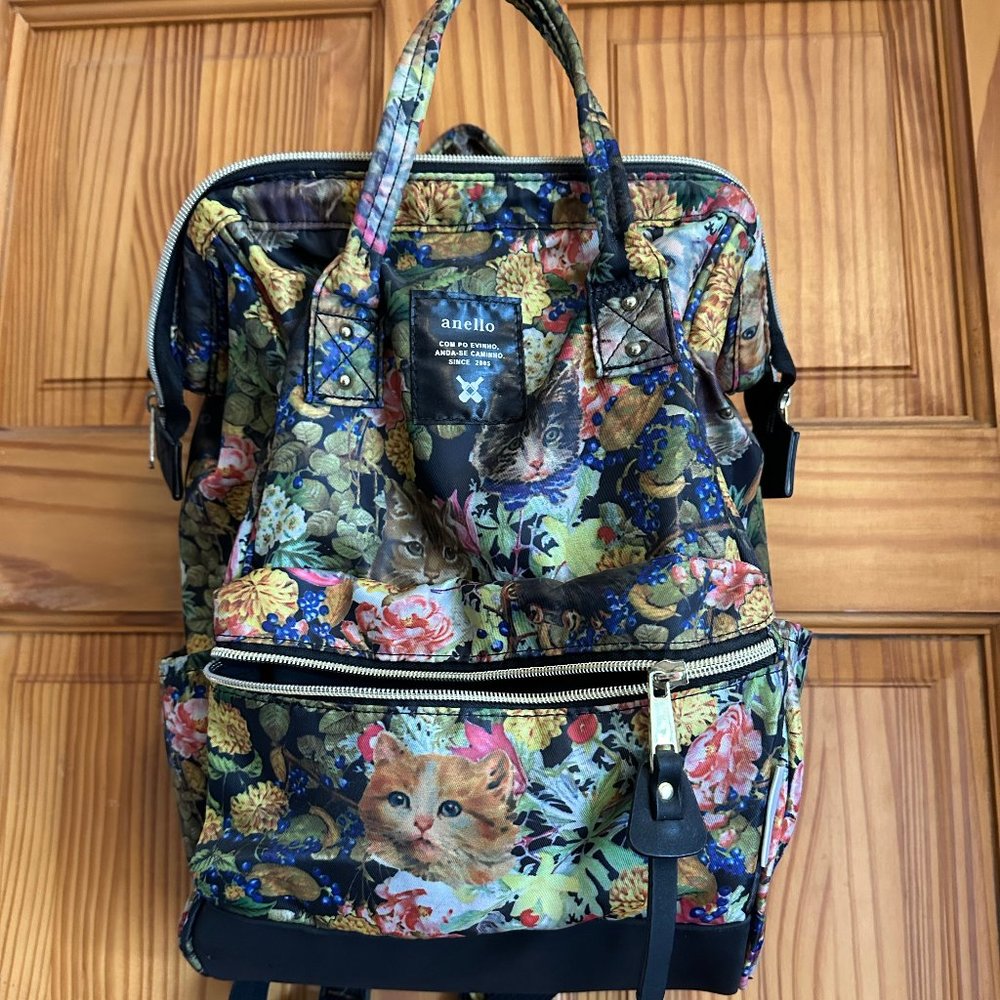 Anello Cat & Floral Print Backpack Purse